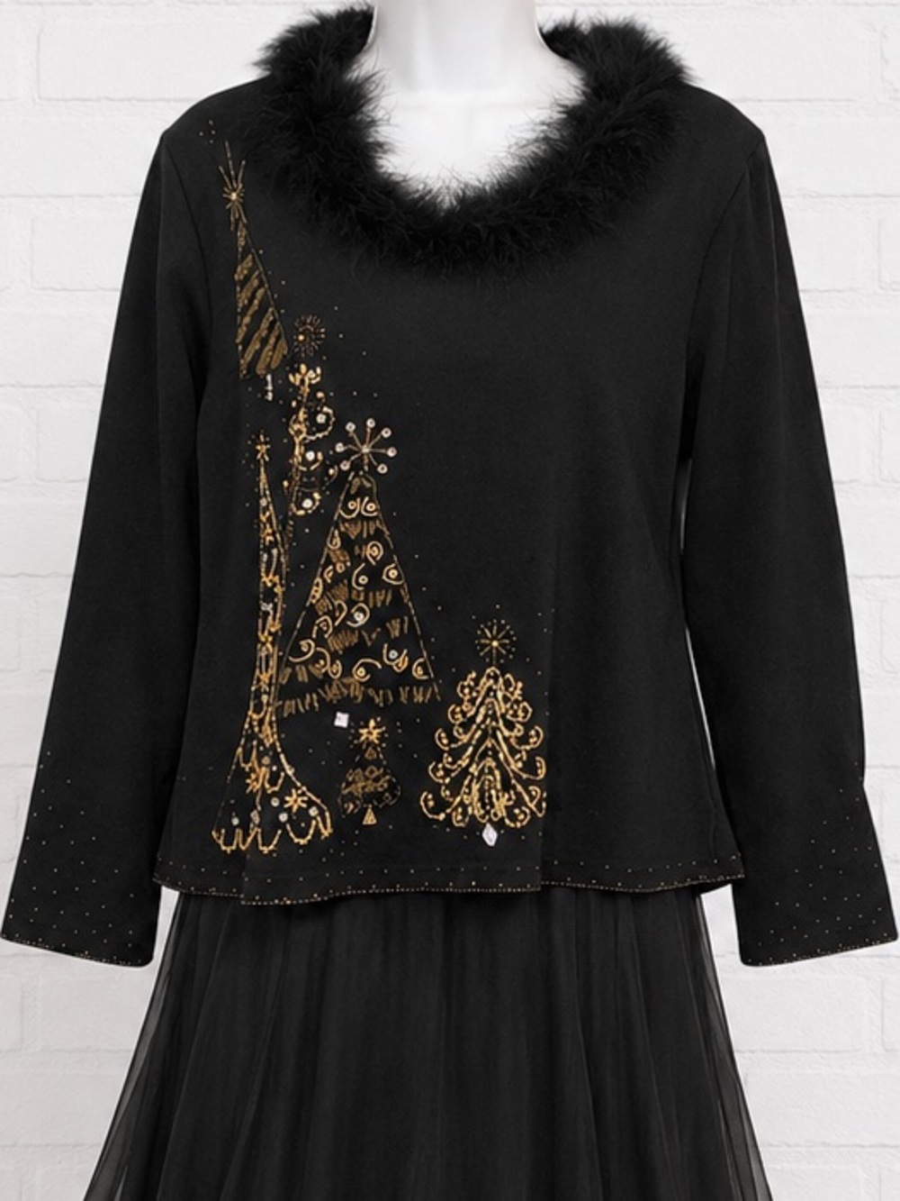 Jack B Quick Black Christmas Top L Beaded Sequin Faux Fur Holiday Trees - Picture 2 of 8